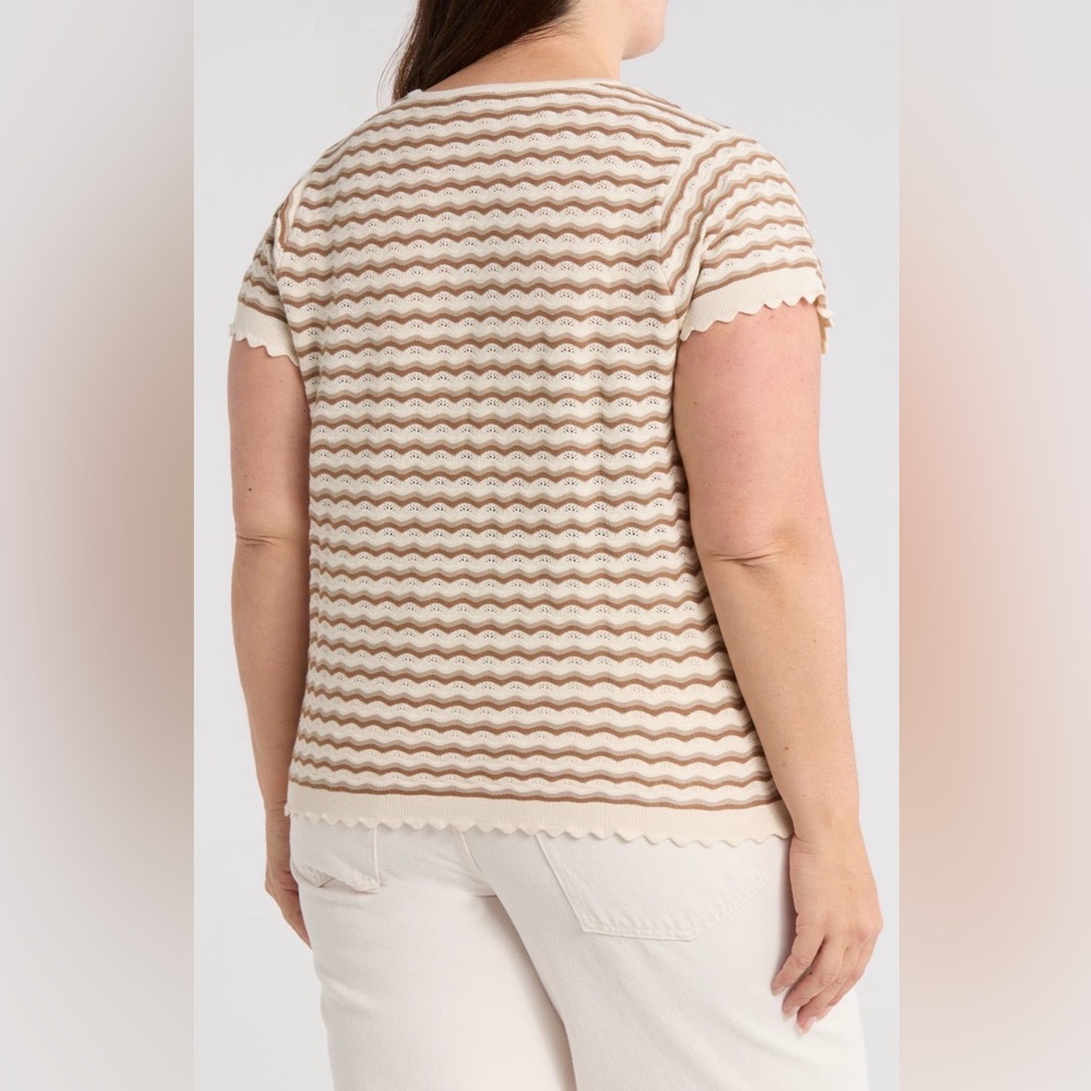Adrianna Papell Wavy Stripe Short Sleeve Pointelle Sweater - Picture 2 of 3